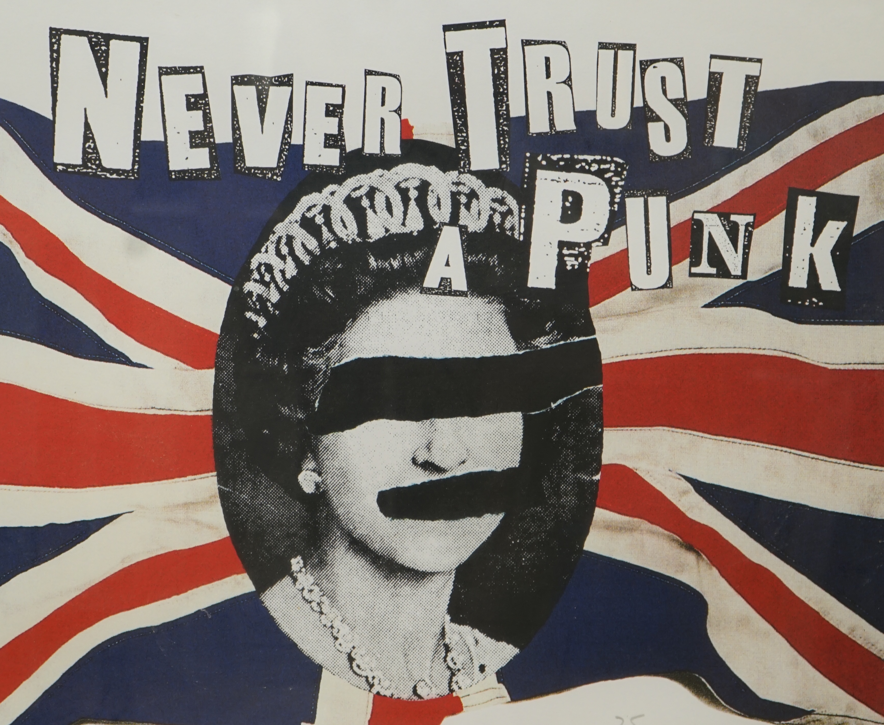 Jamie Reid (1947-2023), limited edition colour giclée print, ‘God Save the Queen - Never Trust a Punk’, in the style of The Sex Pistols album cover, signed in pencil, edition 25/100, 59.5 x 79.5cm. Condition - fair to go